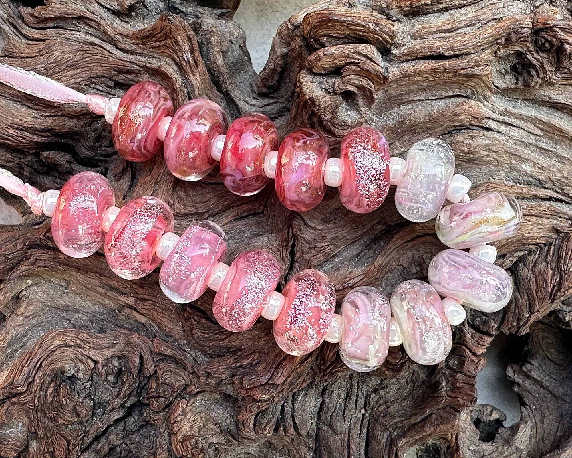 15 Pink Dichroic Shimmer Lampwork Beads Set SRA