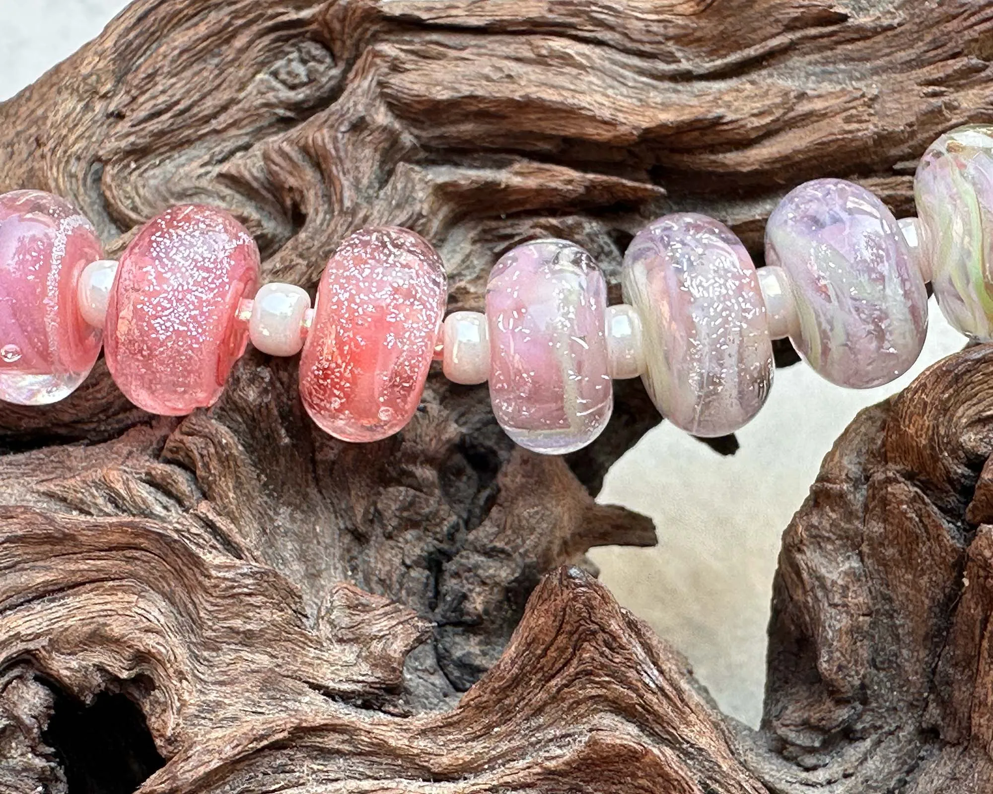 15 Pink Dichroic Shimmer Lampwork Beads Set SRA