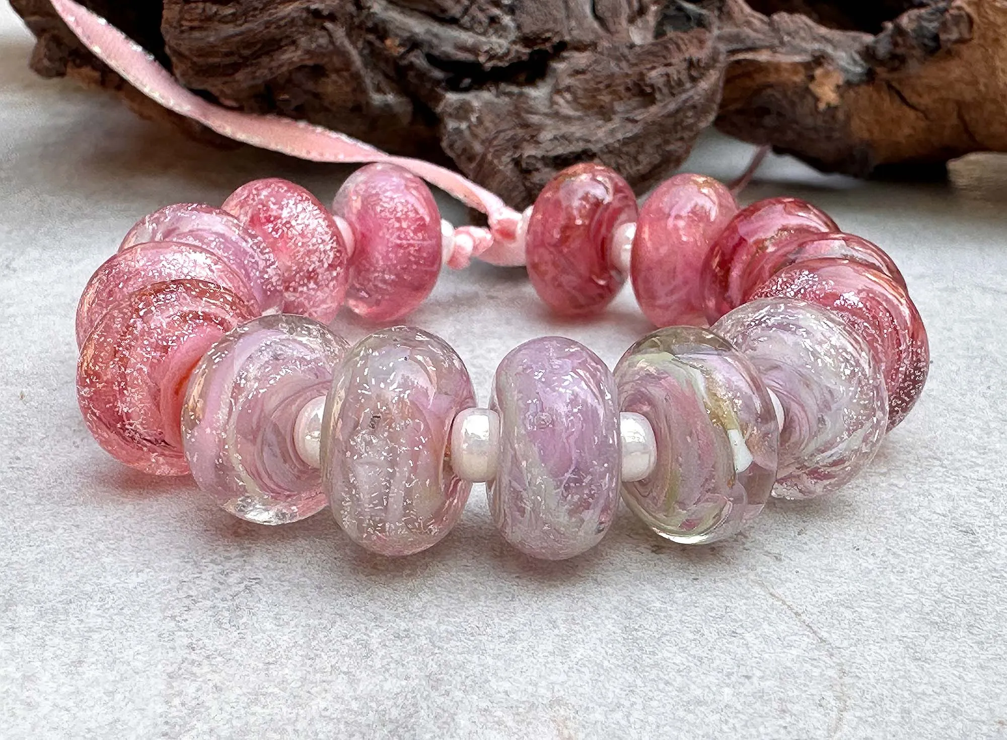 15 Pink Dichroic Shimmer Lampwork Beads Set SRA