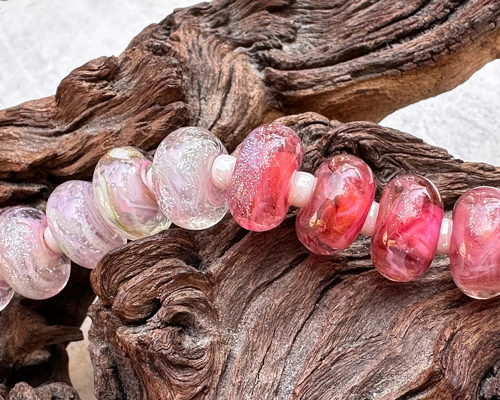 15 Pink Dichroic Shimmer Lampwork Beads Set SRA