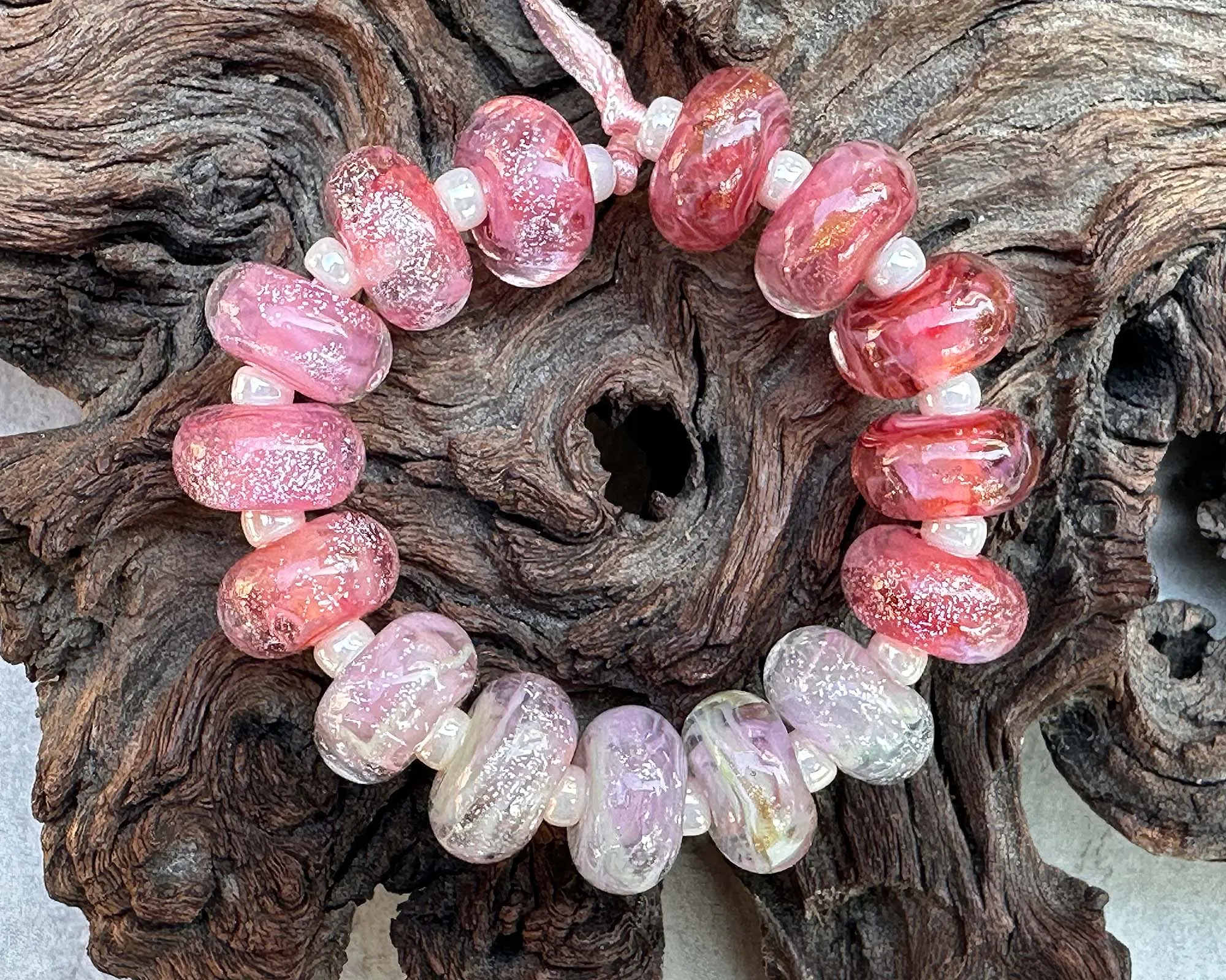 15 Pink Dichroic Shimmer Lampwork Beads Set SRA