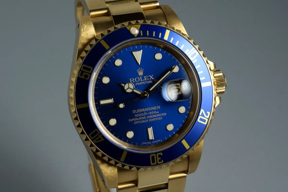 1985 Rolex YG Blue Submariner 16808 with Box and Papers