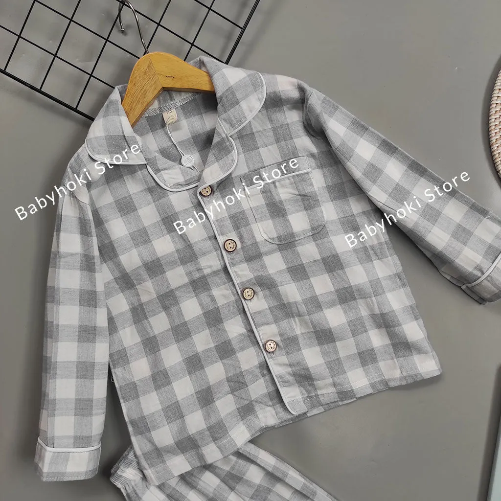 [225654-GRAY] - Baju Piyama Anak Import / Setelan Tidur Anak - Motif Gingham Style