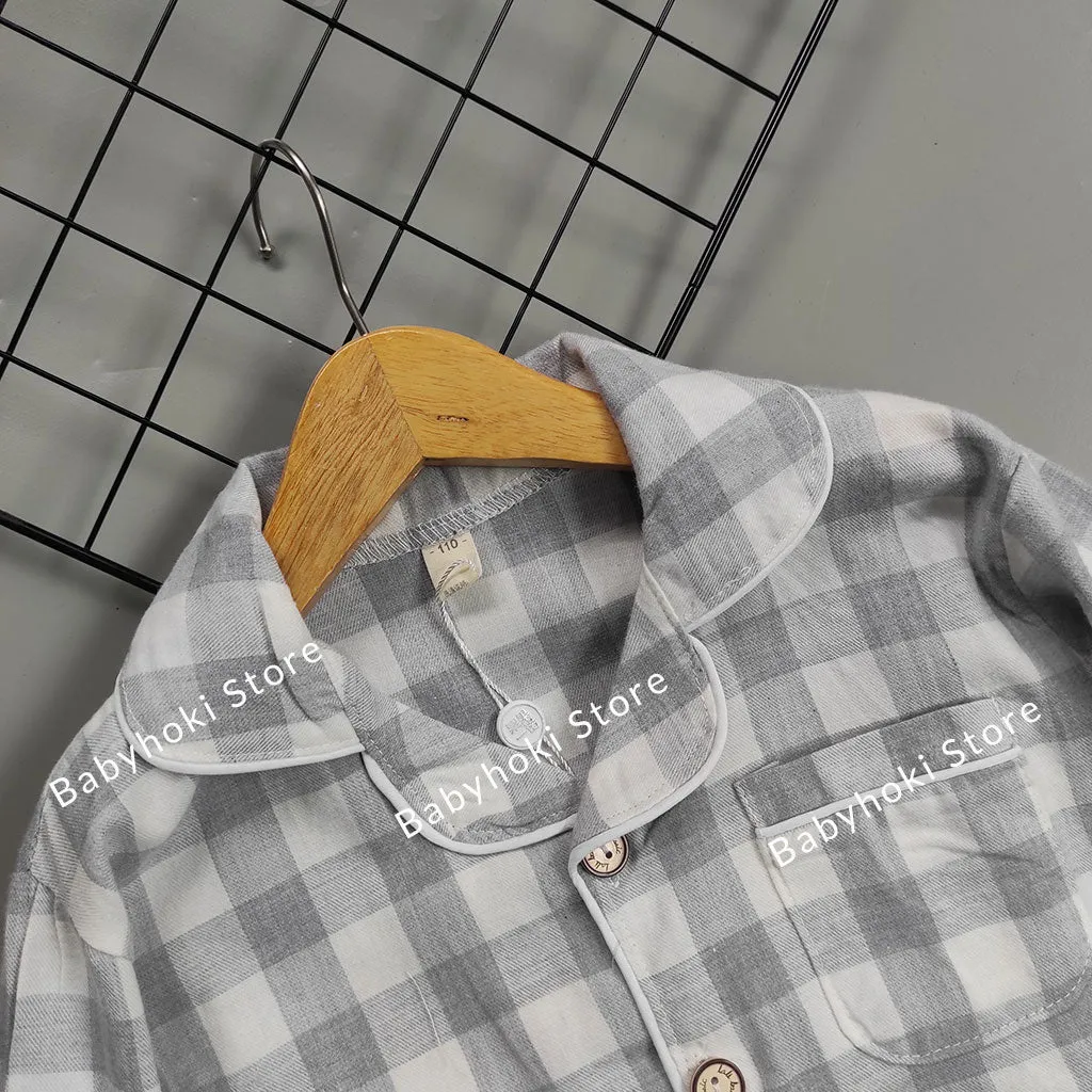 [225654-GRAY] - Baju Piyama Anak Import / Setelan Tidur Anak - Motif Gingham Style