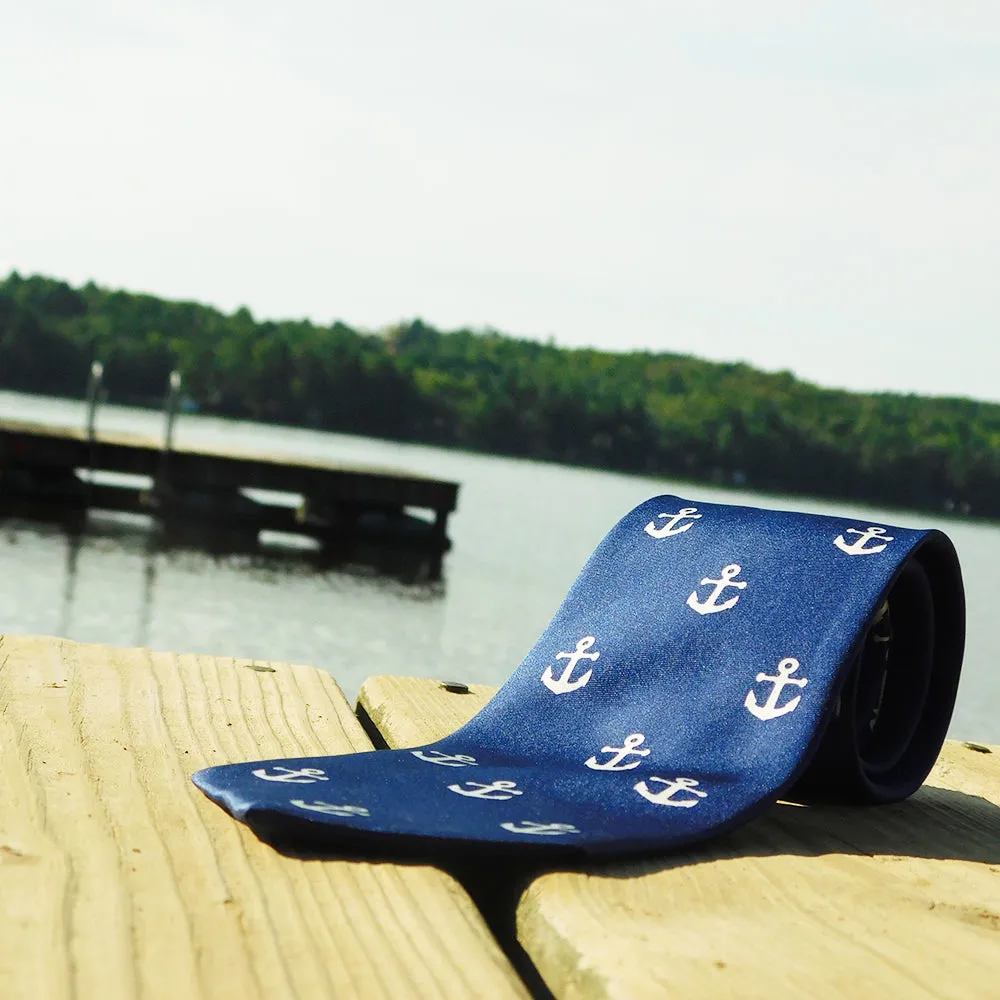 Anchor Necktie - Navy, Printed Silk
