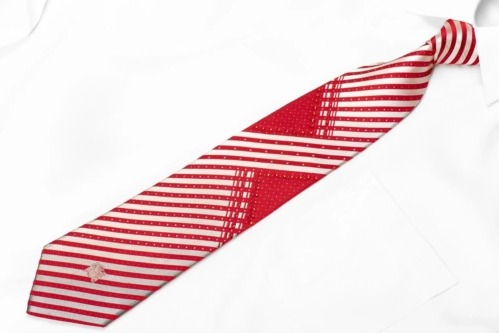 Aquascutum Men's Crystal Silk Tie Silver Red Striped With Silver Sparkles