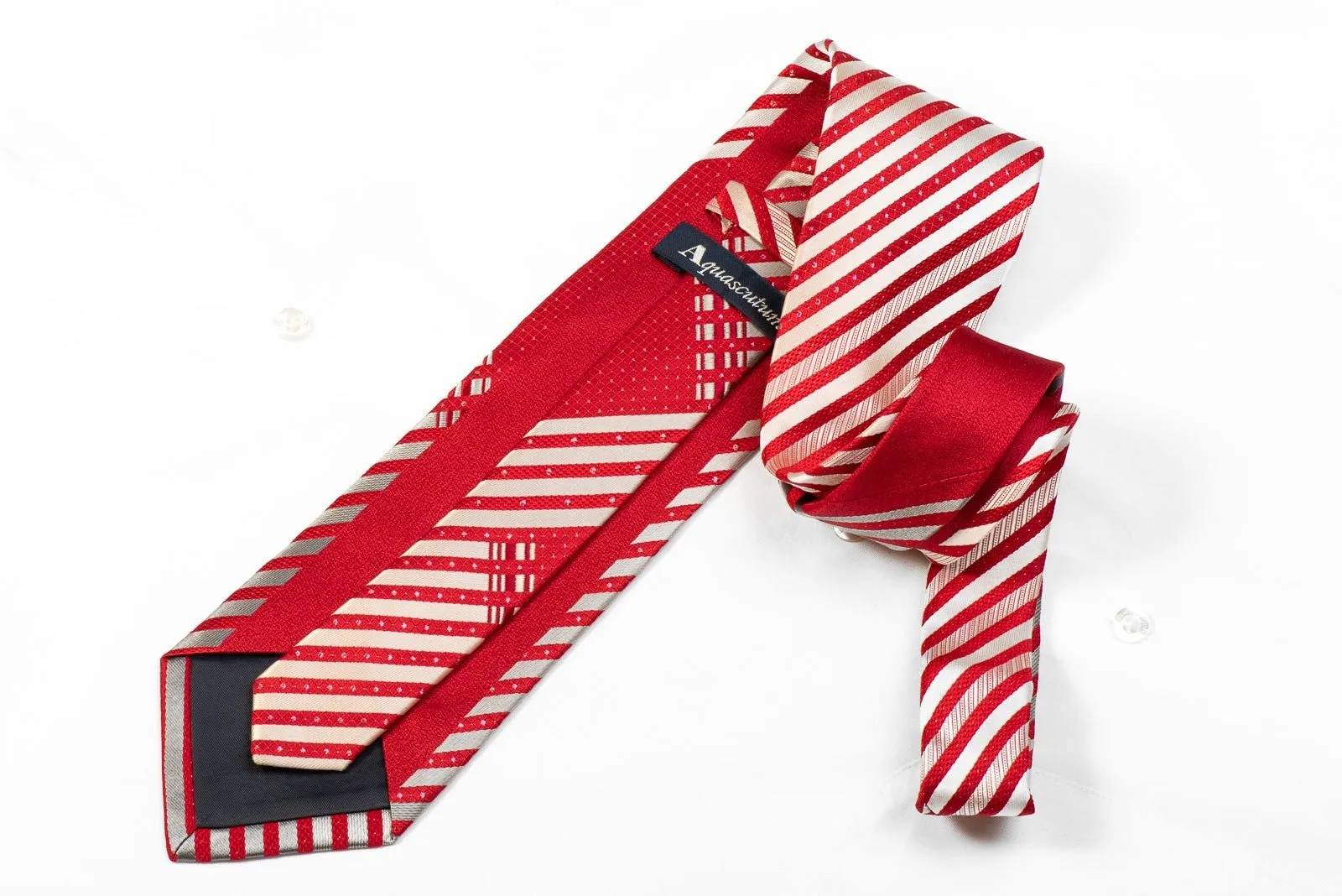 Aquascutum Men's Crystal Silk Tie Silver Red Striped With Silver Sparkles