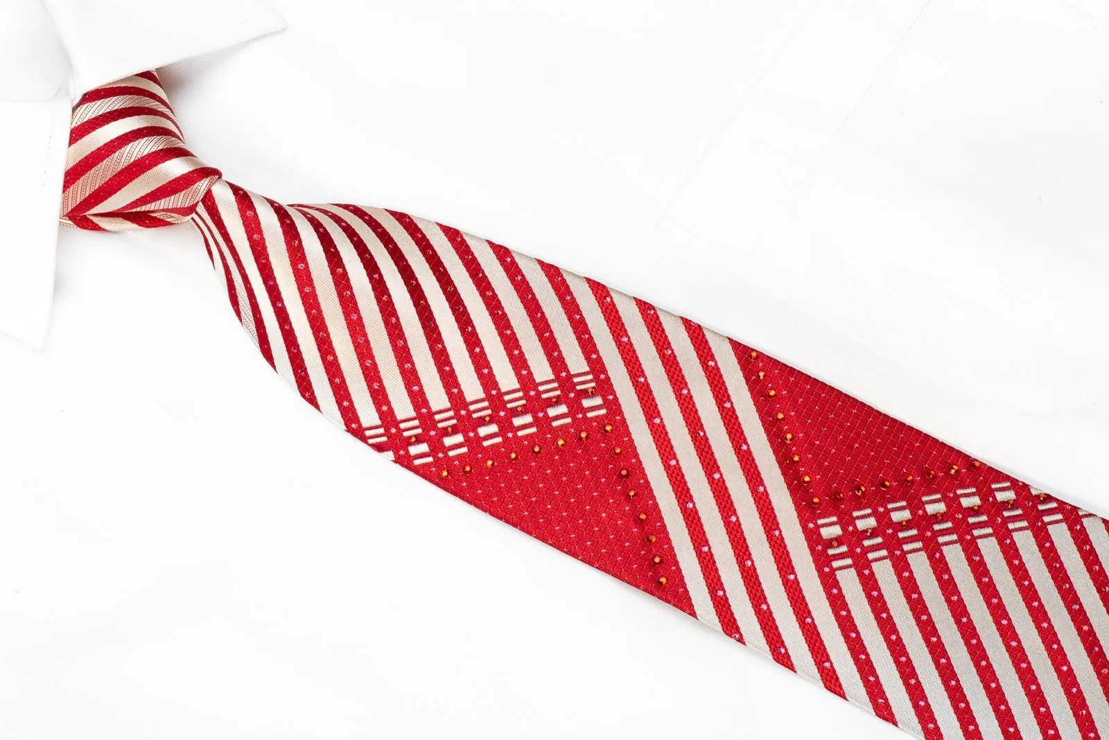 Aquascutum Men's Crystal Silk Tie Silver Red Striped With Silver Sparkles
