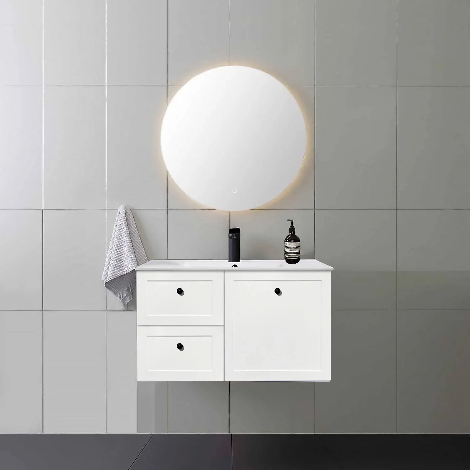 AUSTIN 900mm Wall Hung Bathroom Vanity (Left Hand)   Ceramic Top