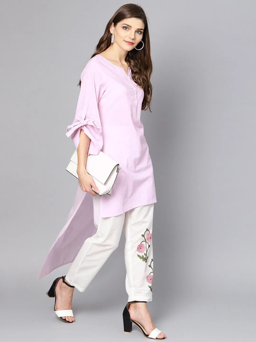 Baby Pink Kurta Set With White Embroidered Straight Pant