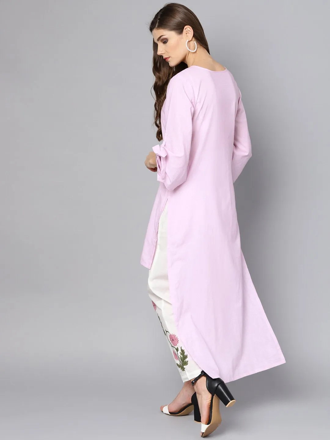 Baby Pink Kurta Set With White Embroidered Straight Pant