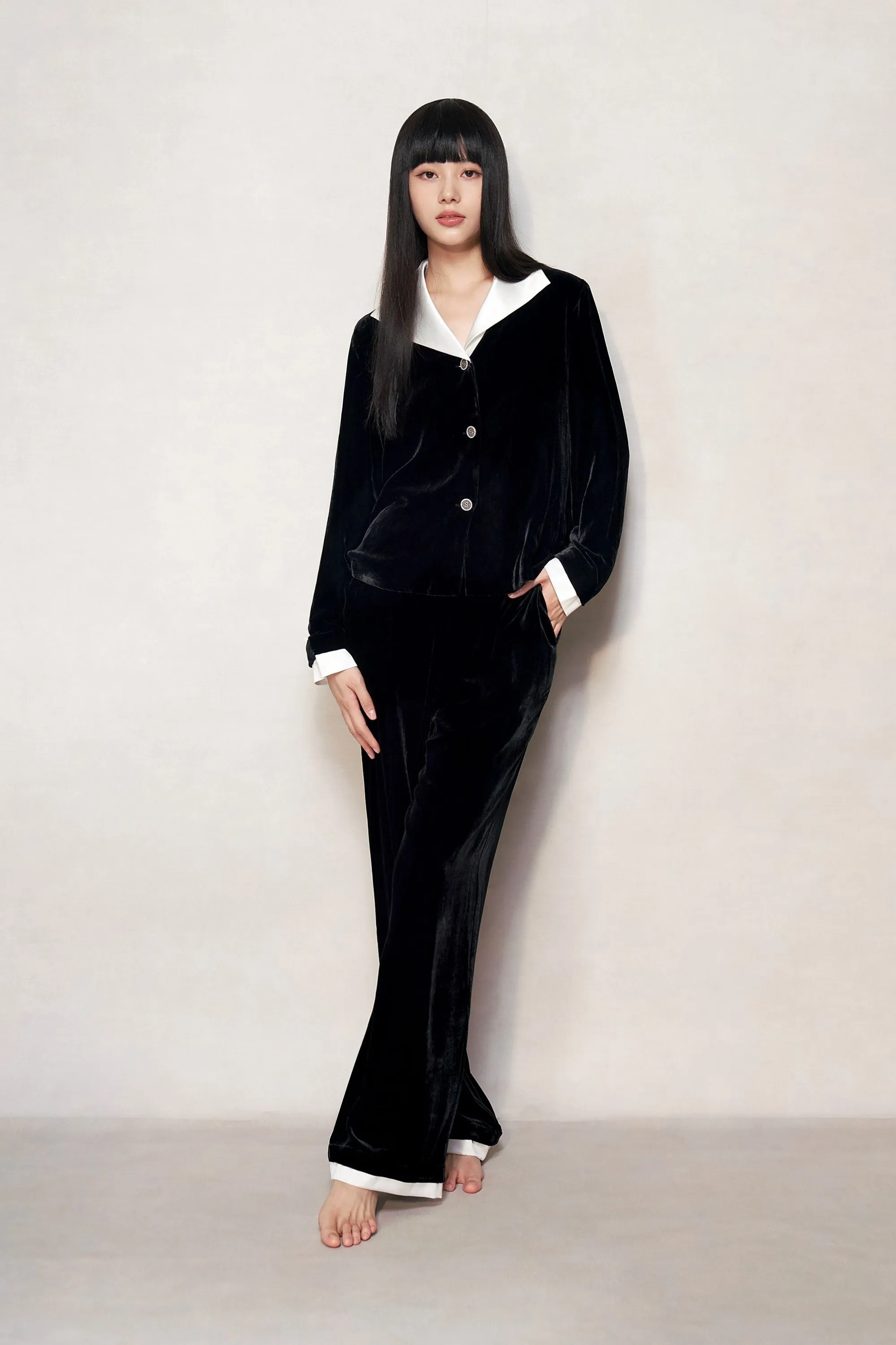 Black Velvet and Pearl White Pyjama Shirt