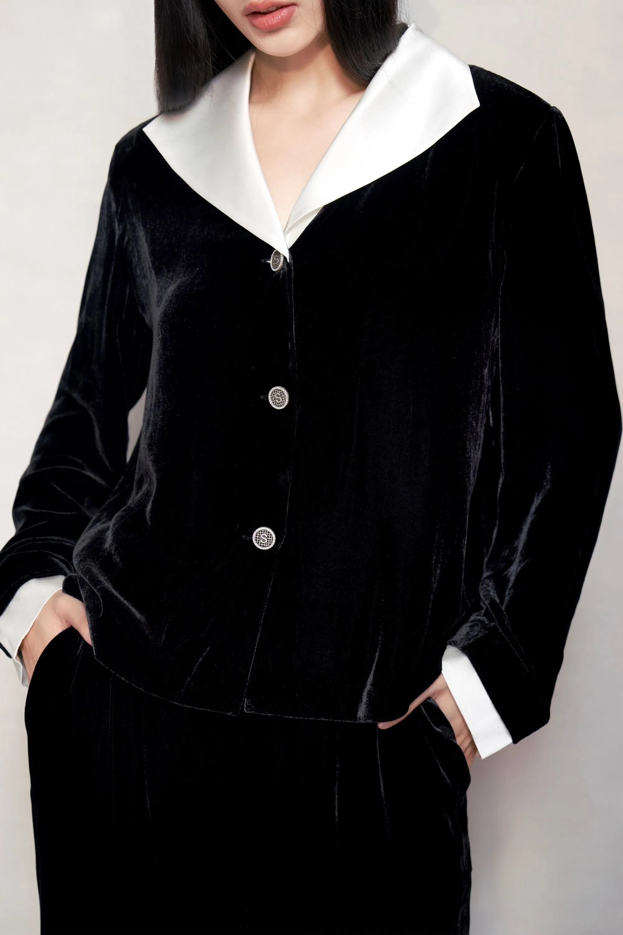 Black Velvet and Pearl White Pyjama Shirt