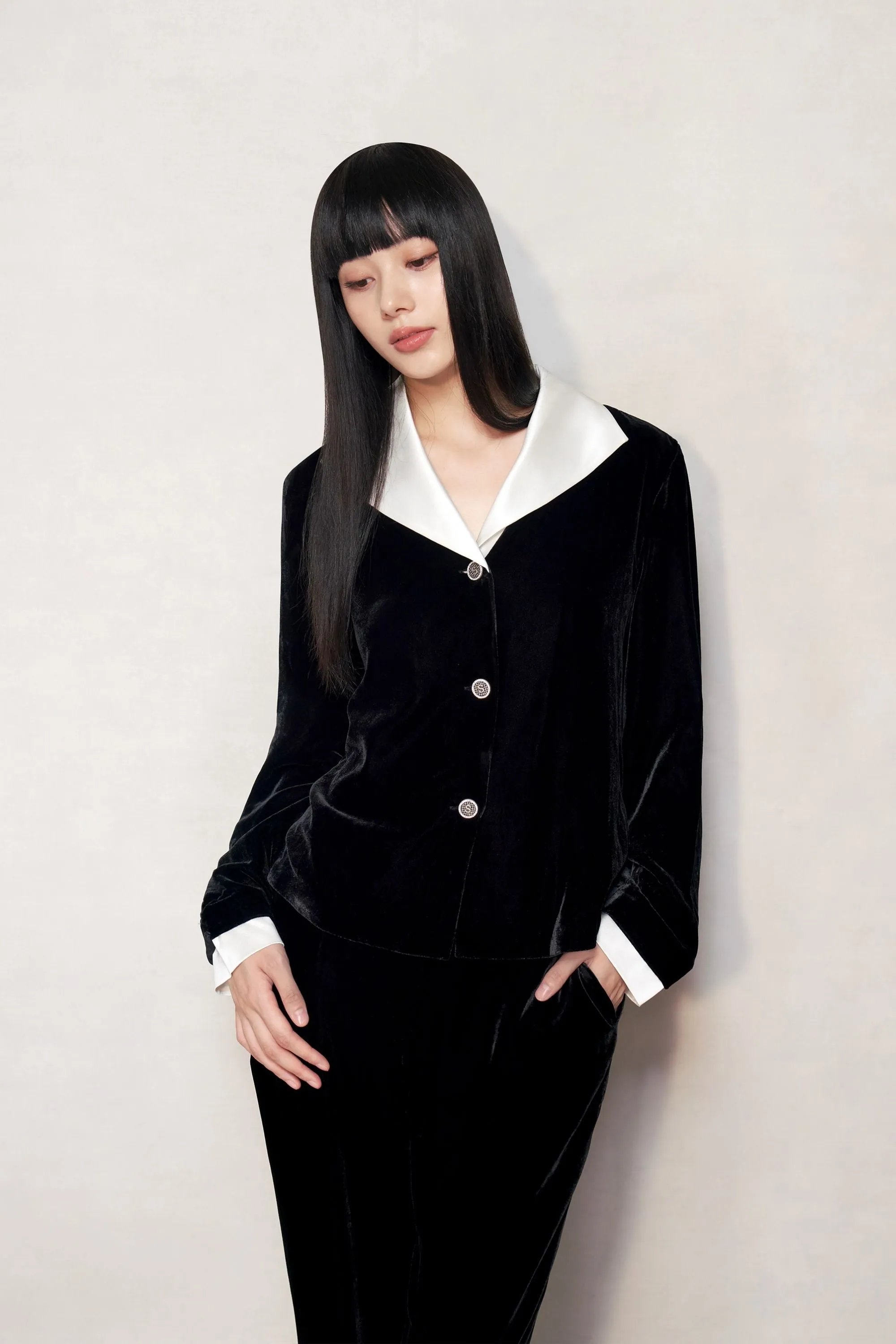 Black Velvet and Pearl White Pyjama Shirt