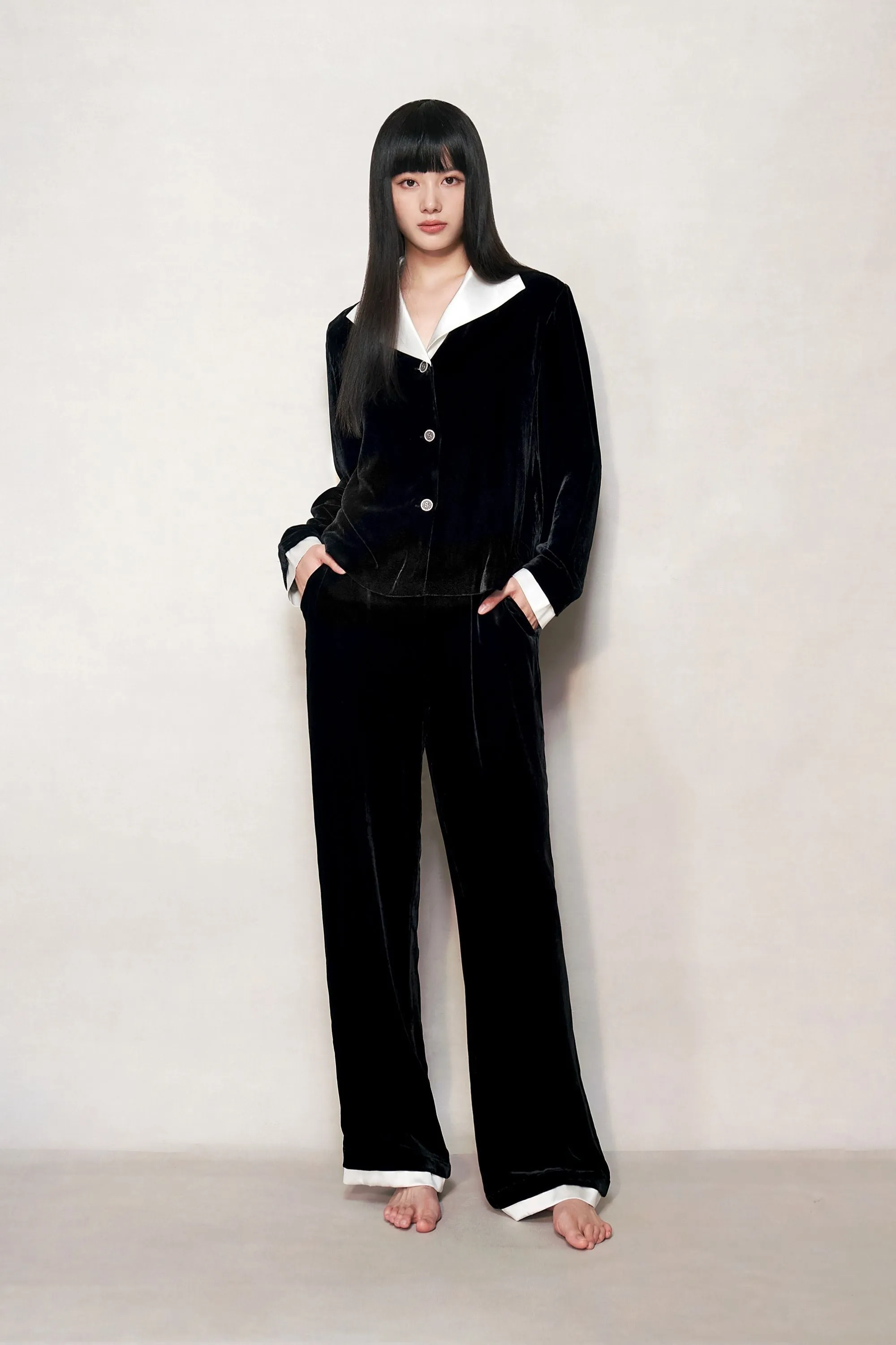 Black Velvet and Pearl White Pyjama Shirt