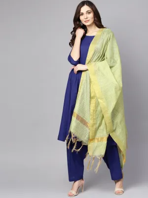 Blue 3/4Th Sleeve Cotton A-Line Kurta With Palazzo And Yellow Dupatta