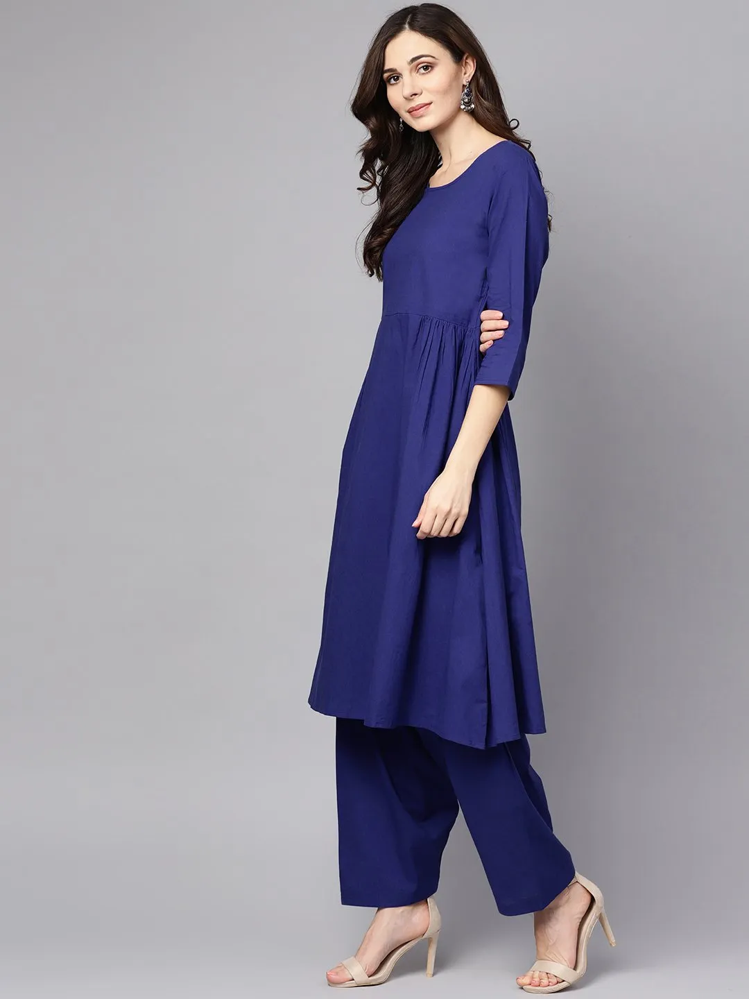 Blue 3/4Th Sleeve Cotton A-Line Kurta With Palazzo And Yellow Dupatta