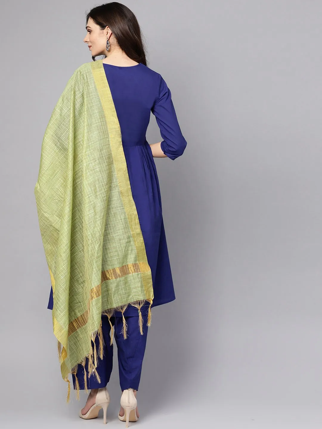 Blue 3/4Th Sleeve Cotton A-Line Kurta With Palazzo And Yellow Dupatta