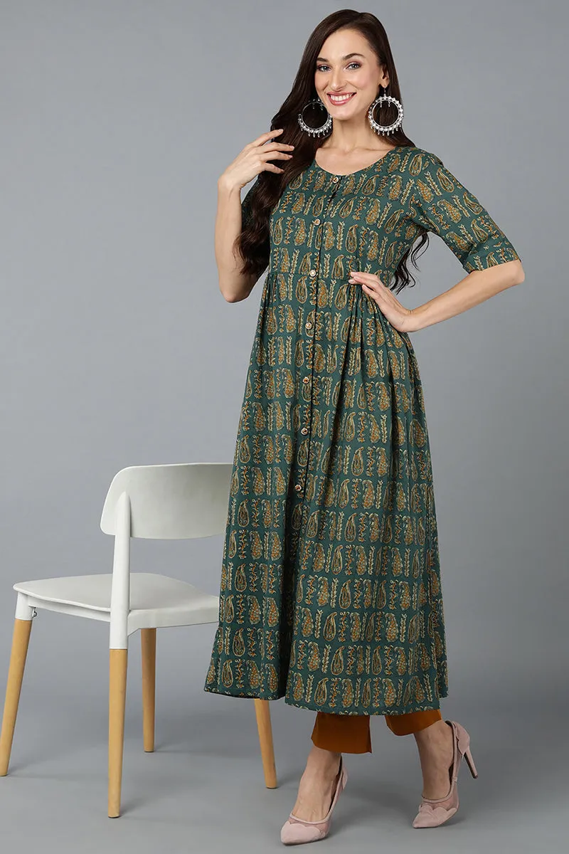 Cotton Blend Green Paisley Printed Flared Kurta