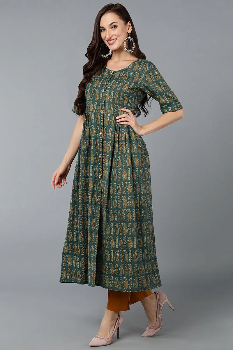 Cotton Blend Green Paisley Printed Flared Kurta