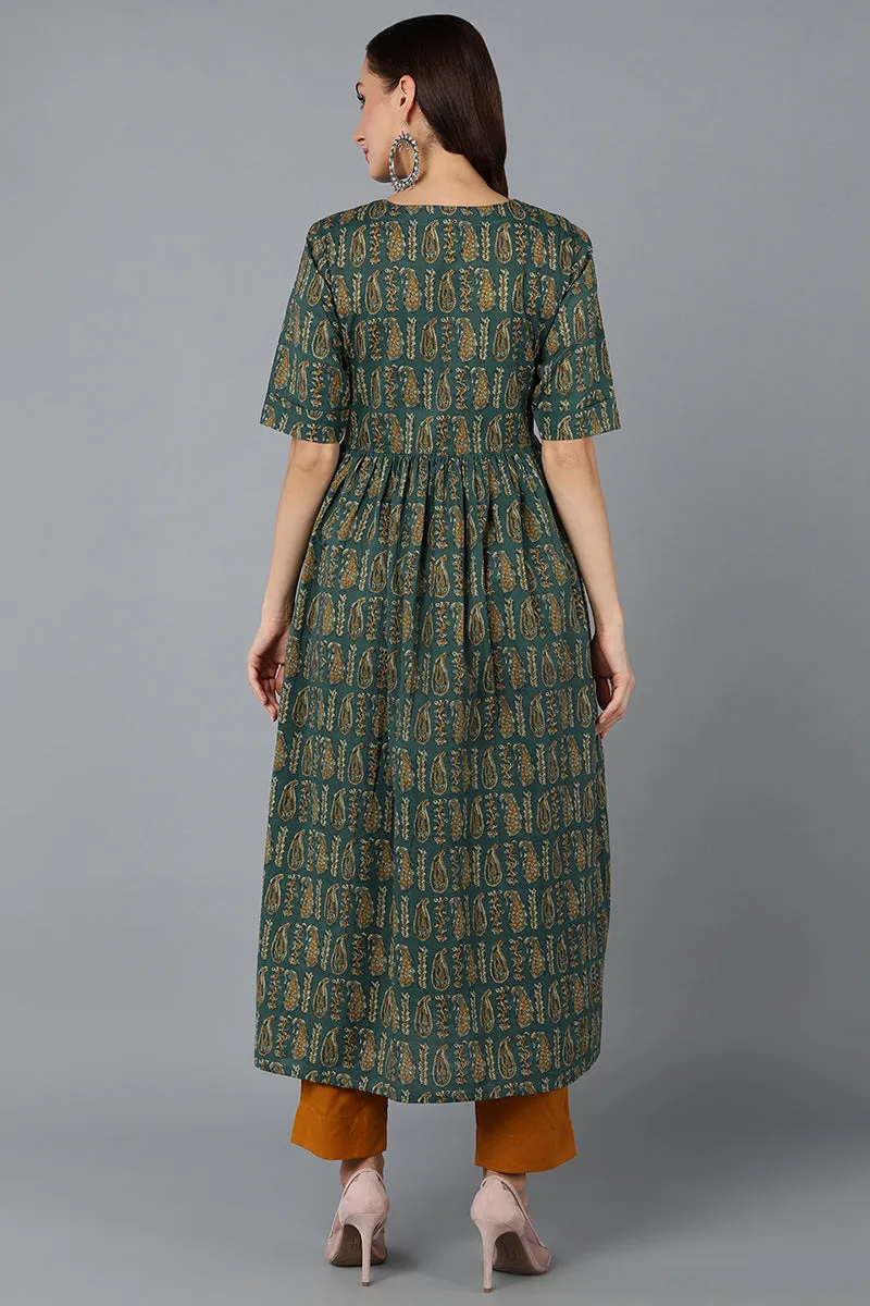 Cotton Blend Green Paisley Printed Flared Kurta