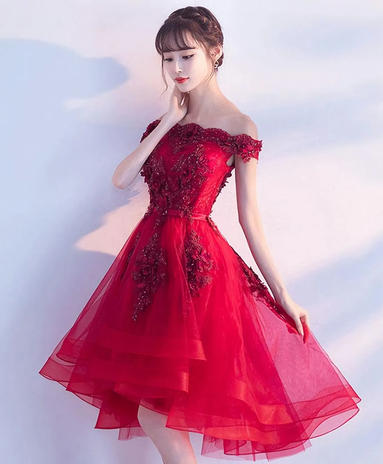 Cute Burgundy Lace Tulle Short Prom Dress Brugrendy Party Dress