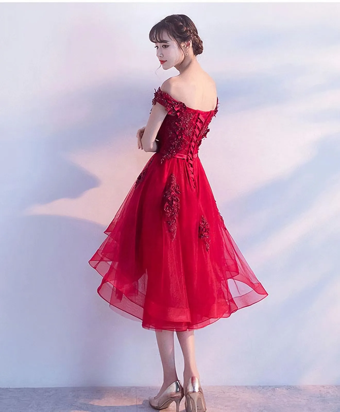 Cute Burgundy Lace Tulle Short Prom Dress Brugrendy Party Dress