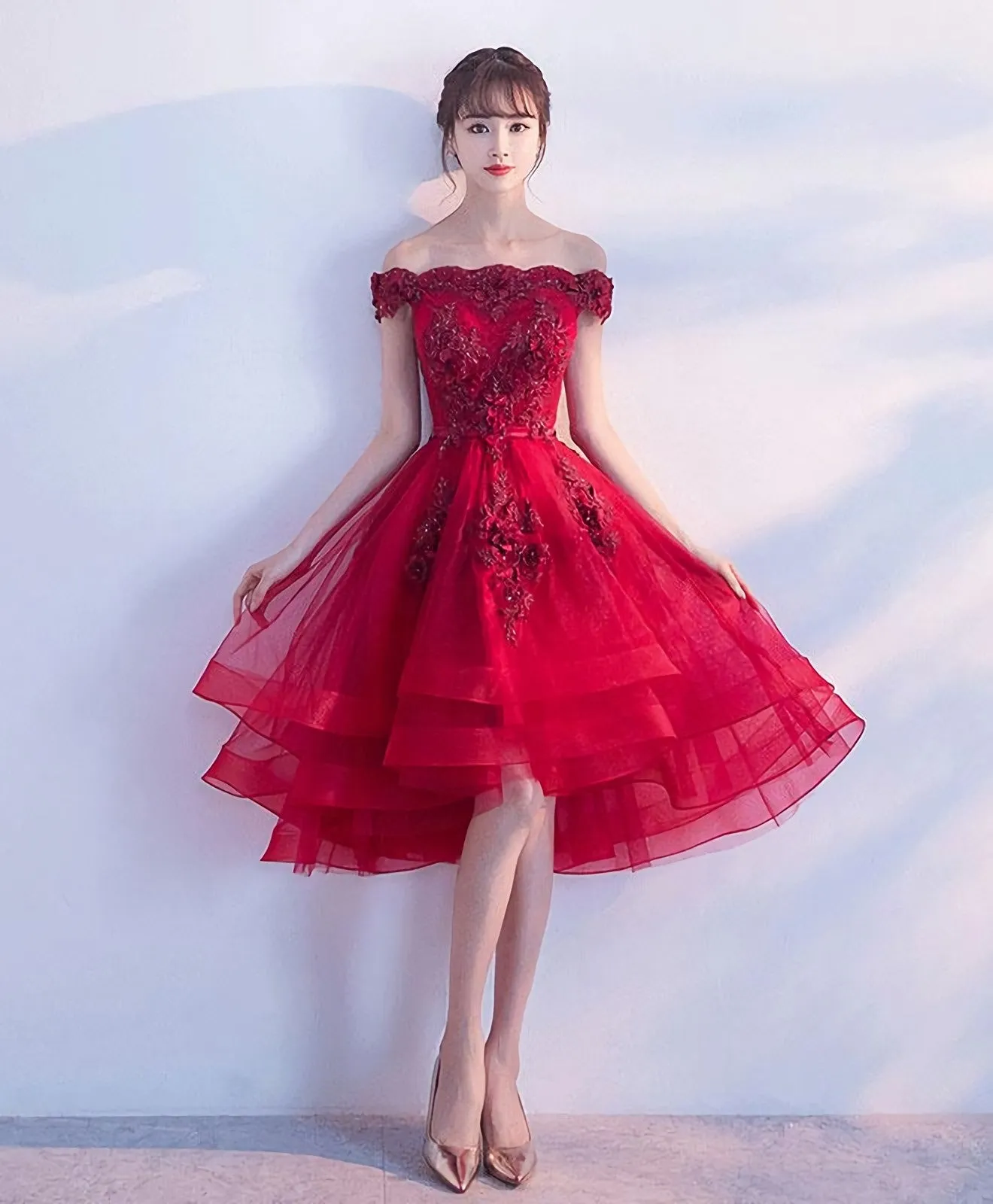 Cute Burgundy Lace Tulle Short Prom Dress Brugrendy Party Dress