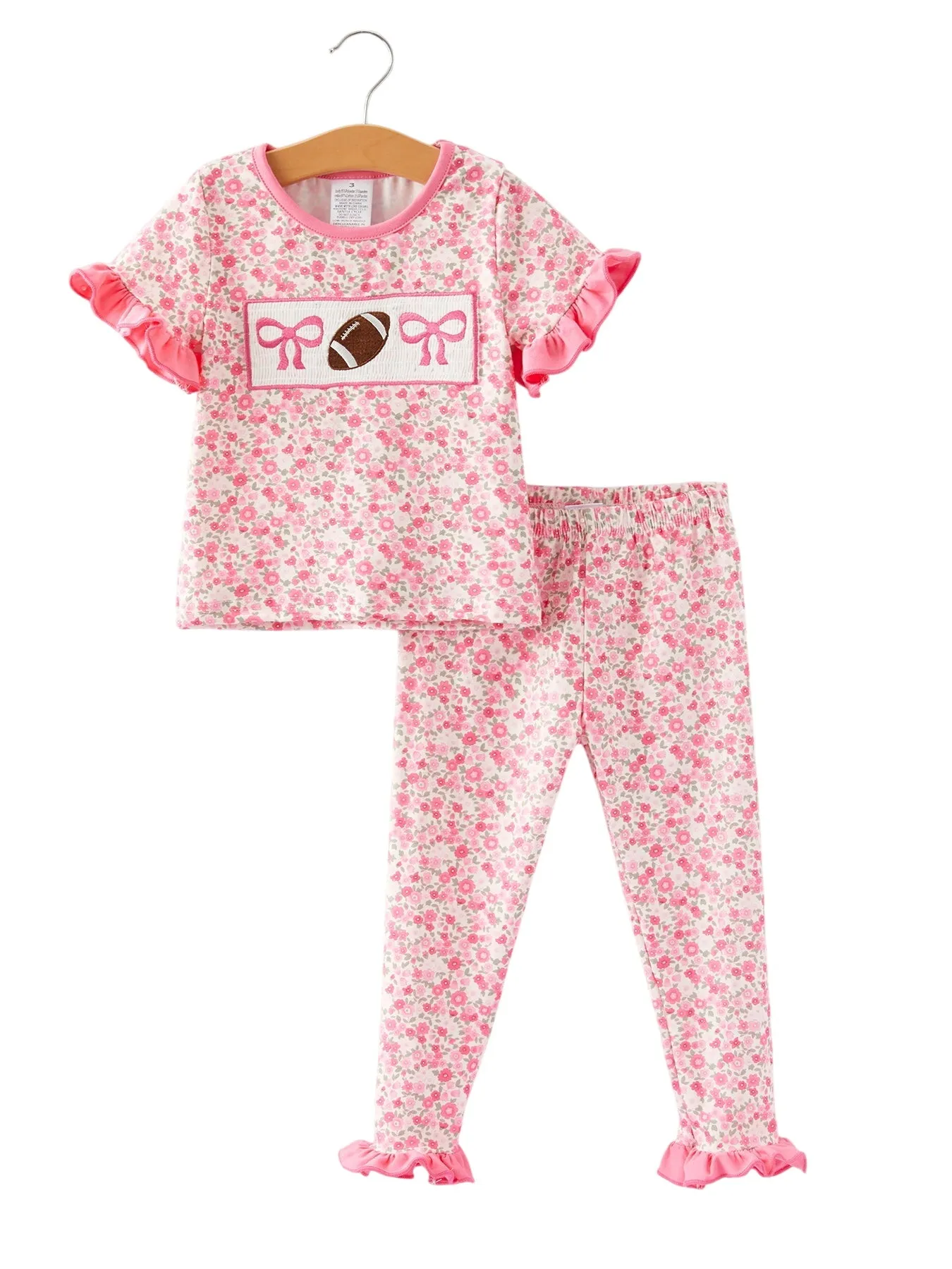 Football Smocking Bow Embroidered Girls Ruffle Pajamas