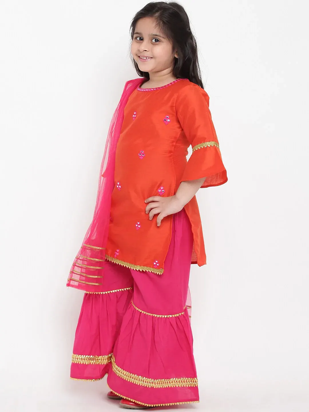 Girls Orange & Pink Embroidered Kurta With Palazzos & Dupatta