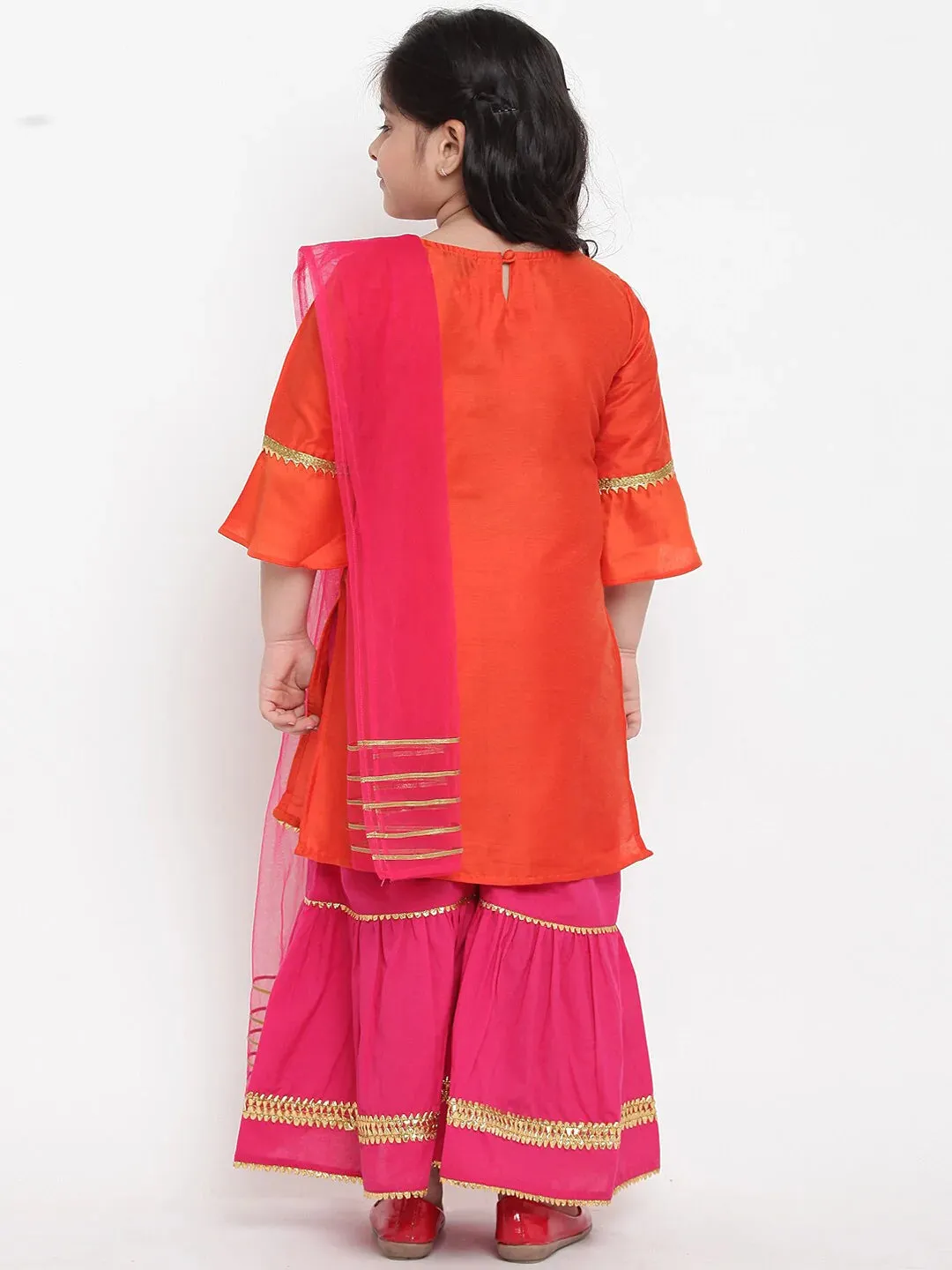 Girls Orange & Pink Embroidered Kurta With Palazzos & Dupatta