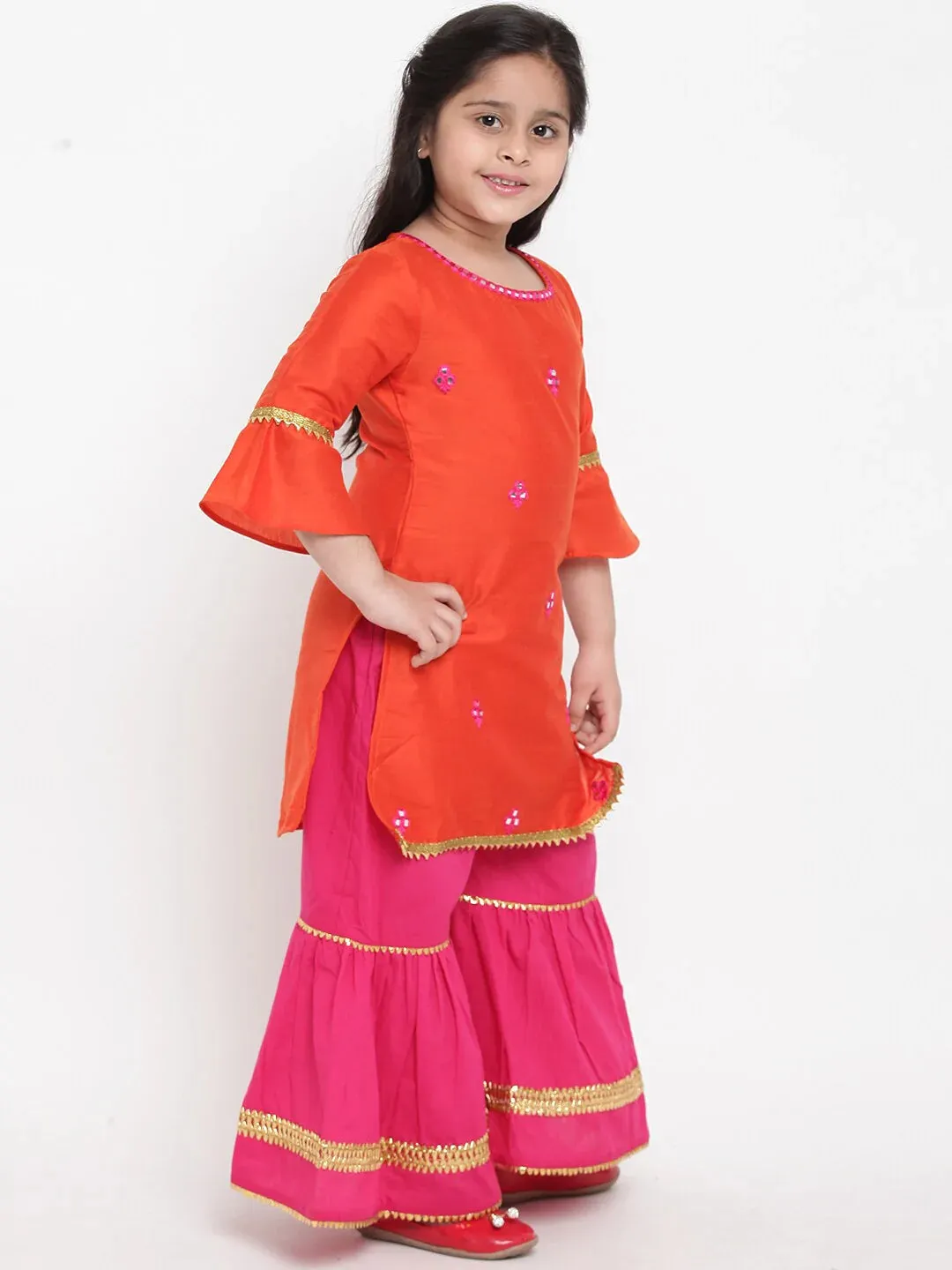Girls Orange & Pink Embroidered Kurta With Palazzos & Dupatta