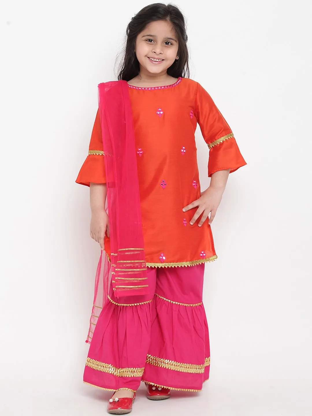 Girls Orange & Pink Embroidered Kurta With Palazzos & Dupatta