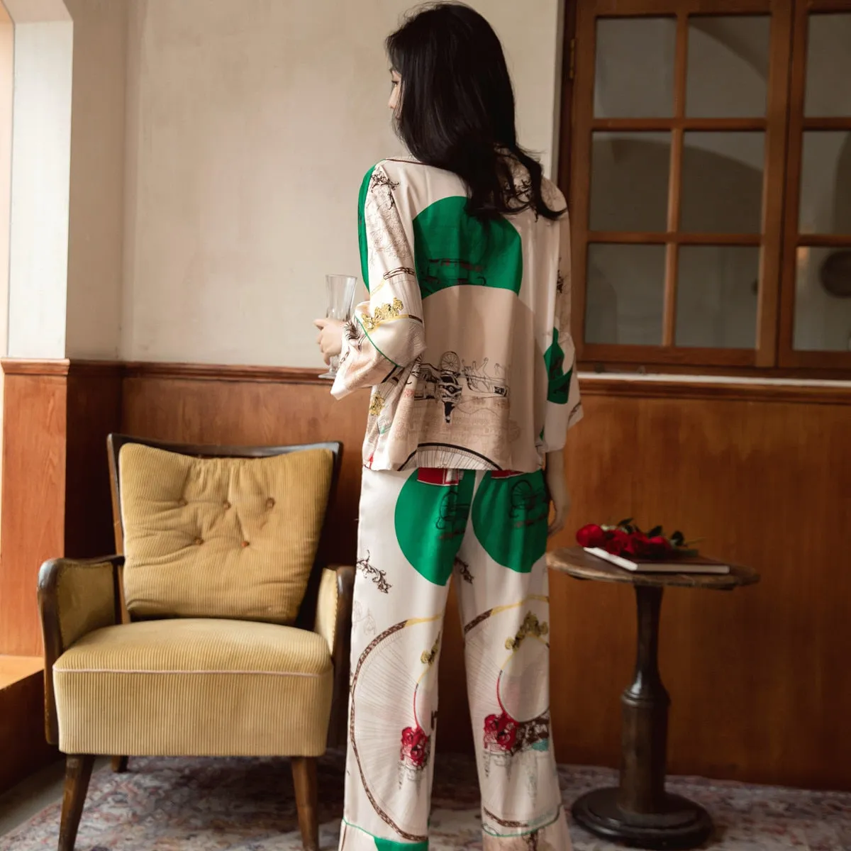High Quality Women's Pajamas Set Vintage Print Loose Design Nightwear Silk Like Sleepwear Casual Leisure Homewear Femme