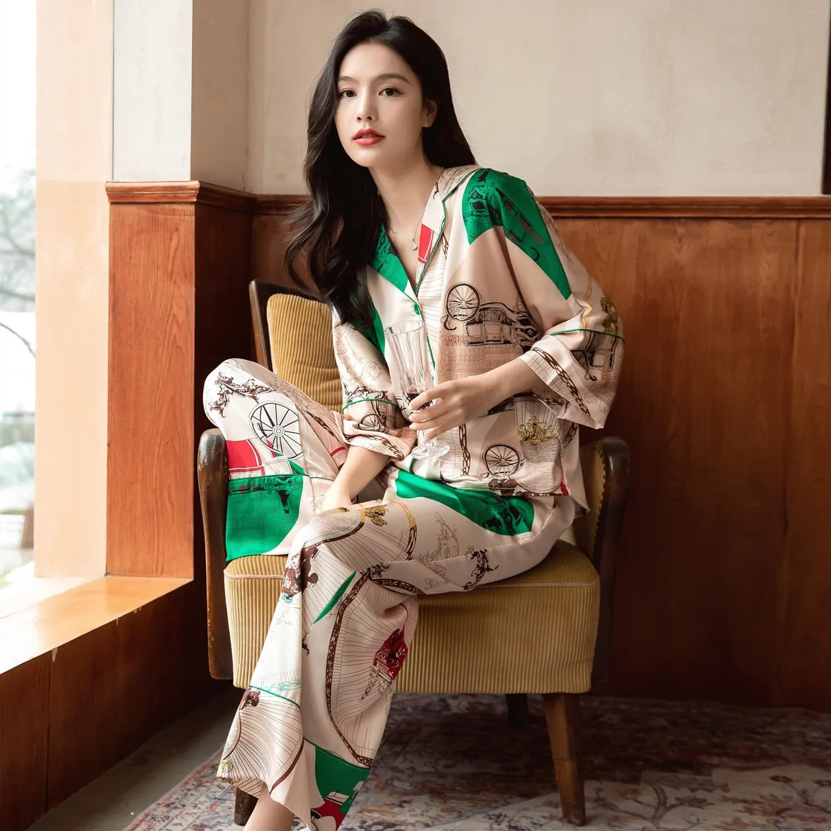 High Quality Women's Pajamas Set Vintage Print Loose Design Nightwear Silk Like Sleepwear Casual Leisure Homewear Femme
