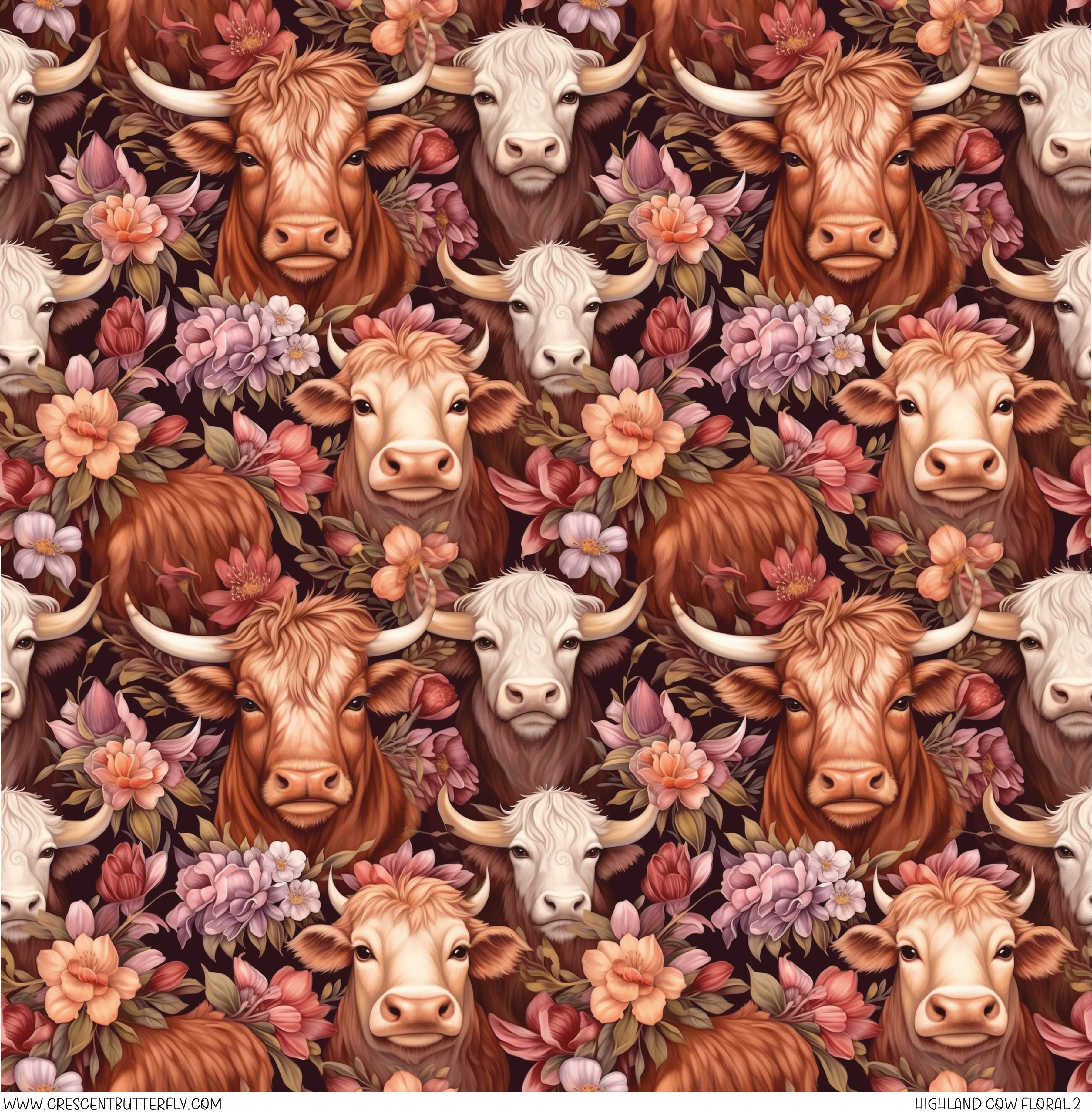 Highland Cow Floral 2 Printed Pattern Vinyl Sheet/Wrap