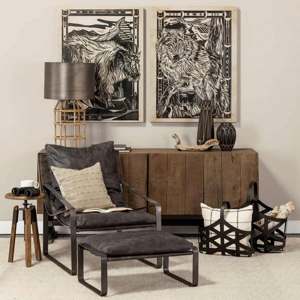 Hornet Ottoman Black Leather | Black Metal