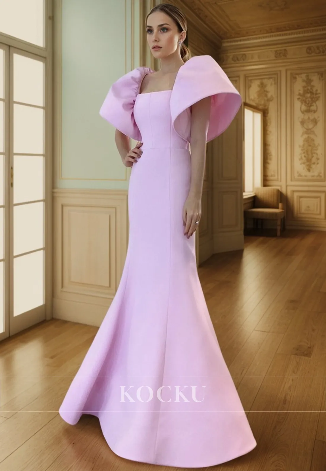 L3106 - Cute & Charming Mermaid Puff Sleeves Satin Evening Party Prom Dress
