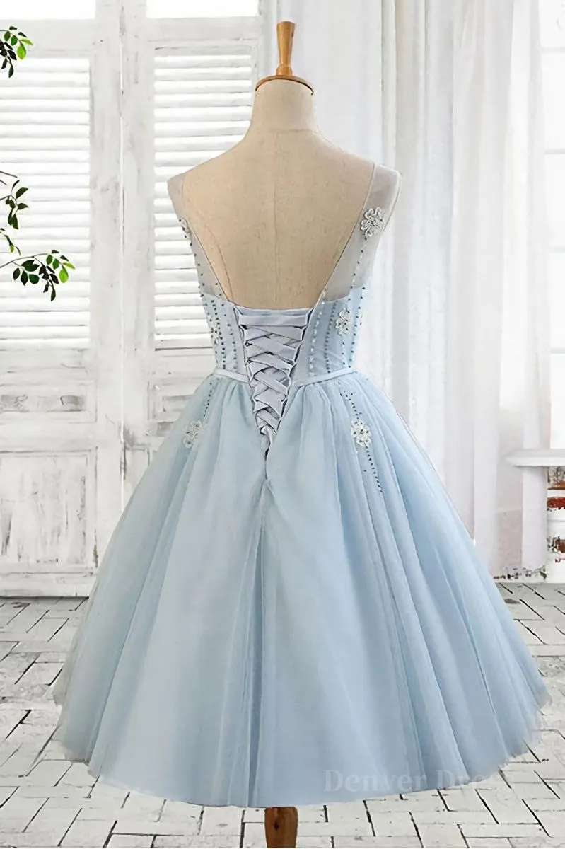 Light blue tulle short prom dress blue homecoming dress