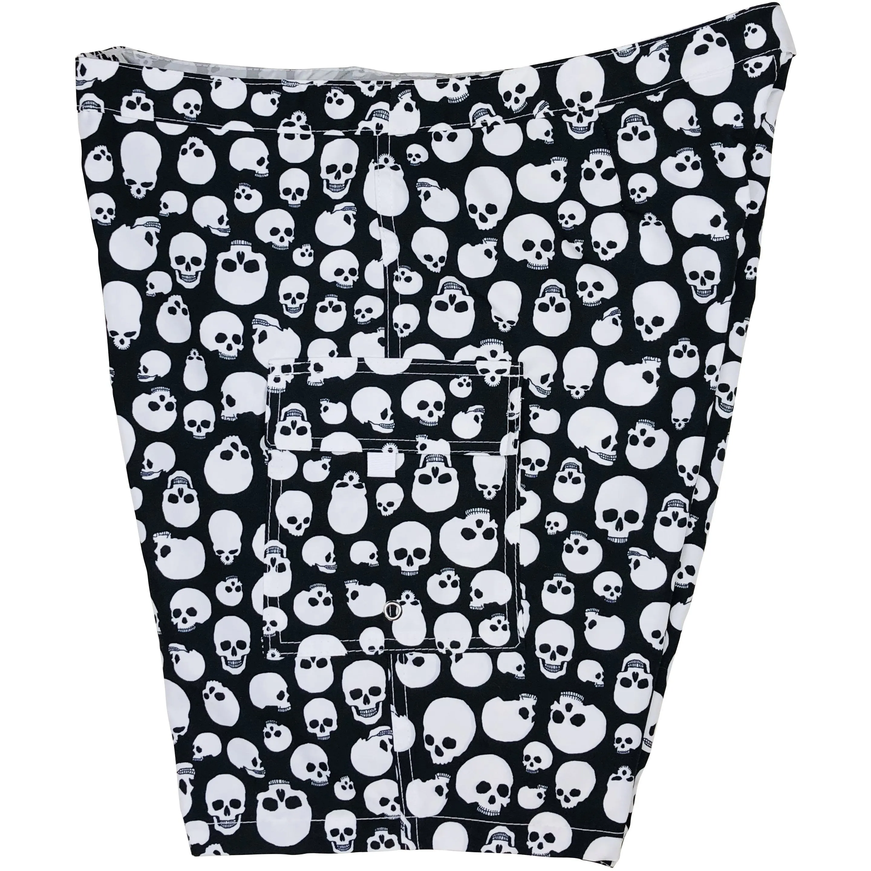 Lower Rise NON-Elastic Waist Board Shorts. "Live to Ride" (Black White) Skulls Womens CUSTOM