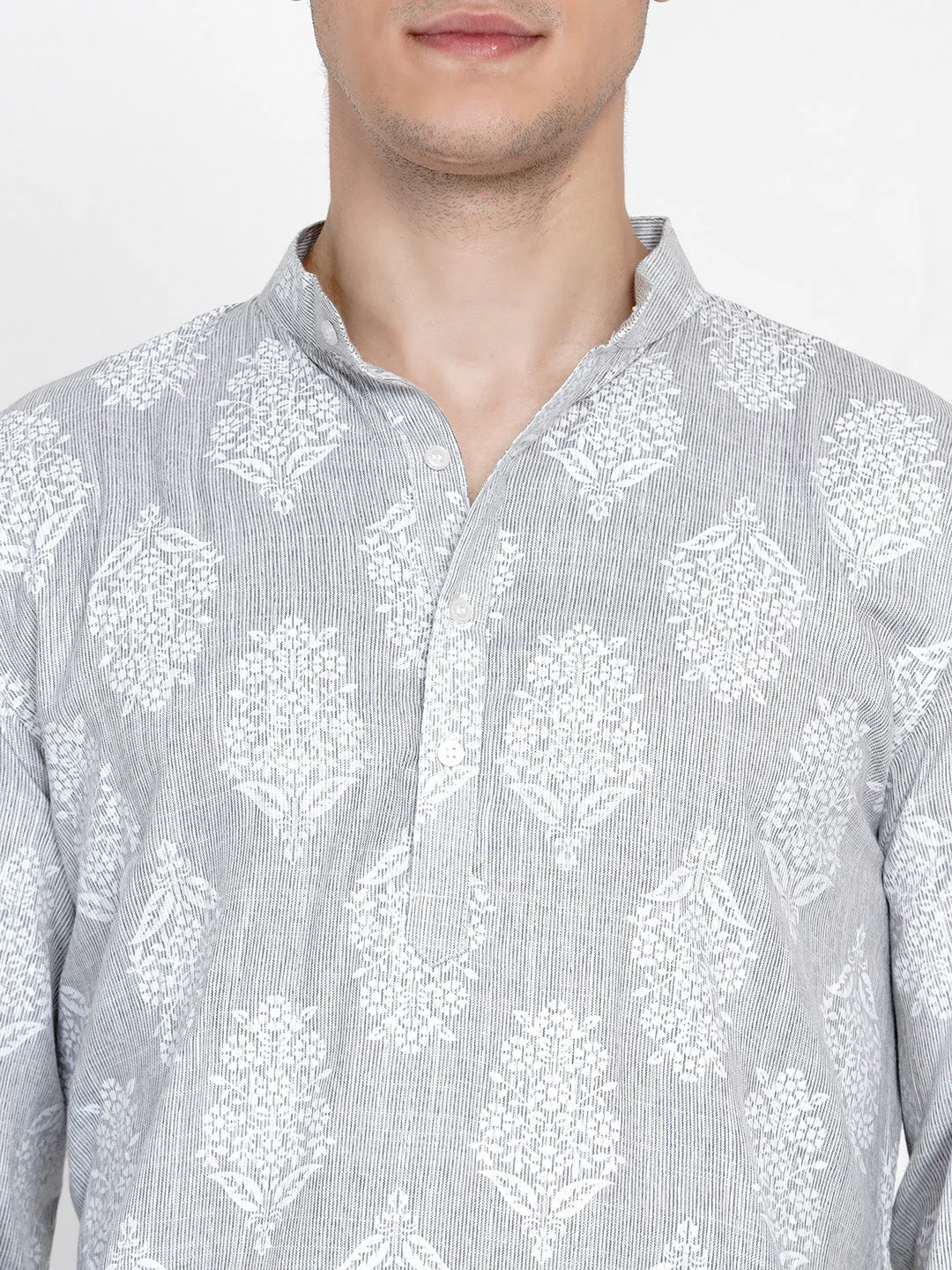 Men Grey Ethnic Motifs Printed Pure Cotton Kurta with Pyjamas