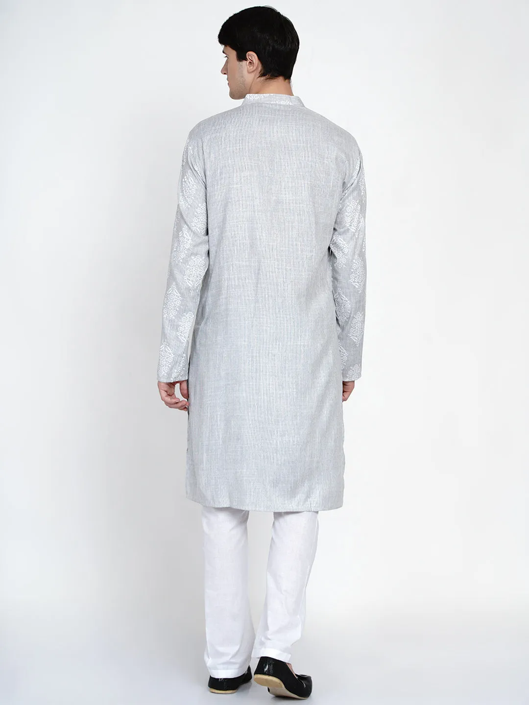 Men Grey Ethnic Motifs Printed Pure Cotton Kurta with Pyjamas