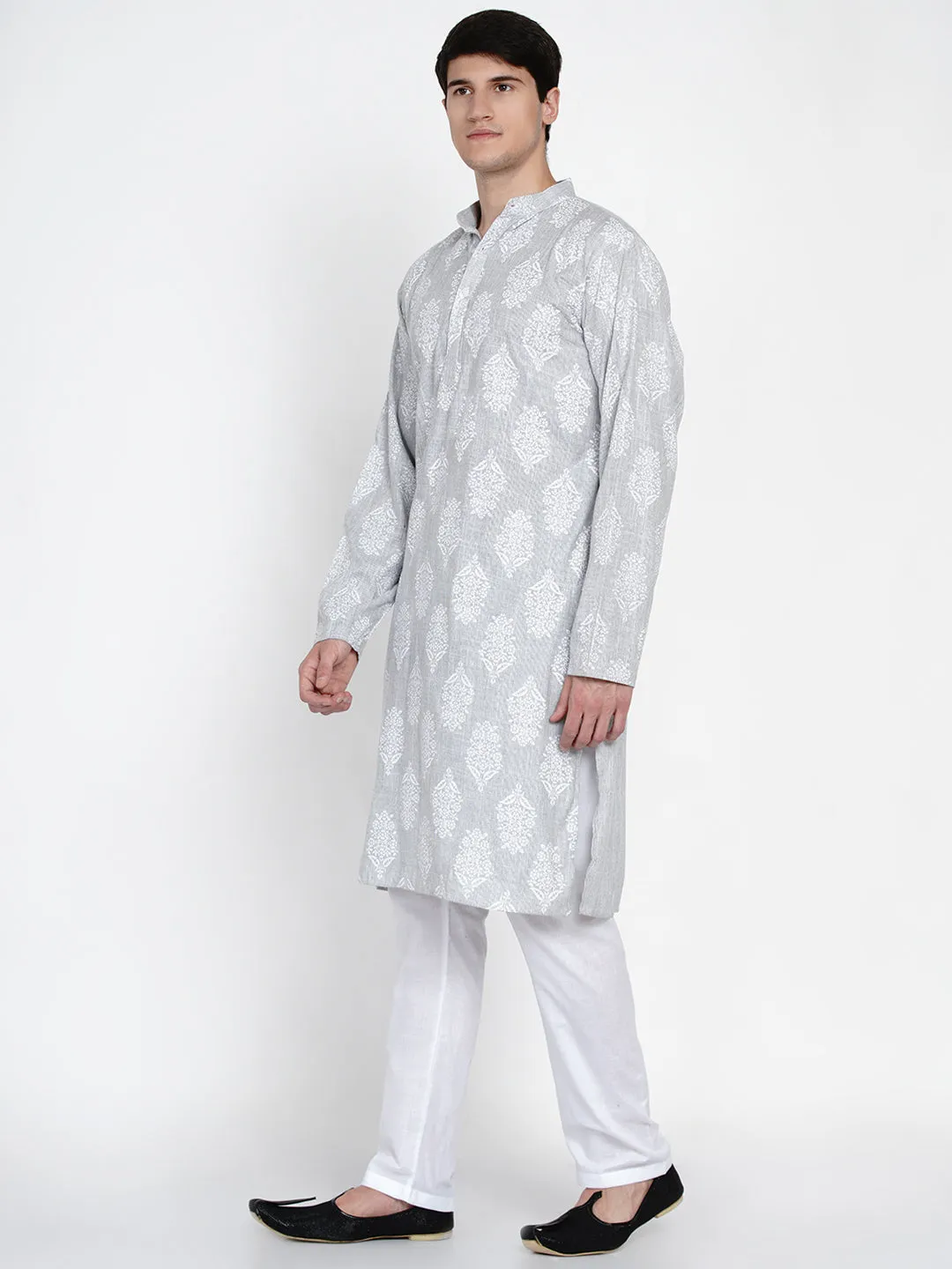 Men Grey Ethnic Motifs Printed Pure Cotton Kurta with Pyjamas