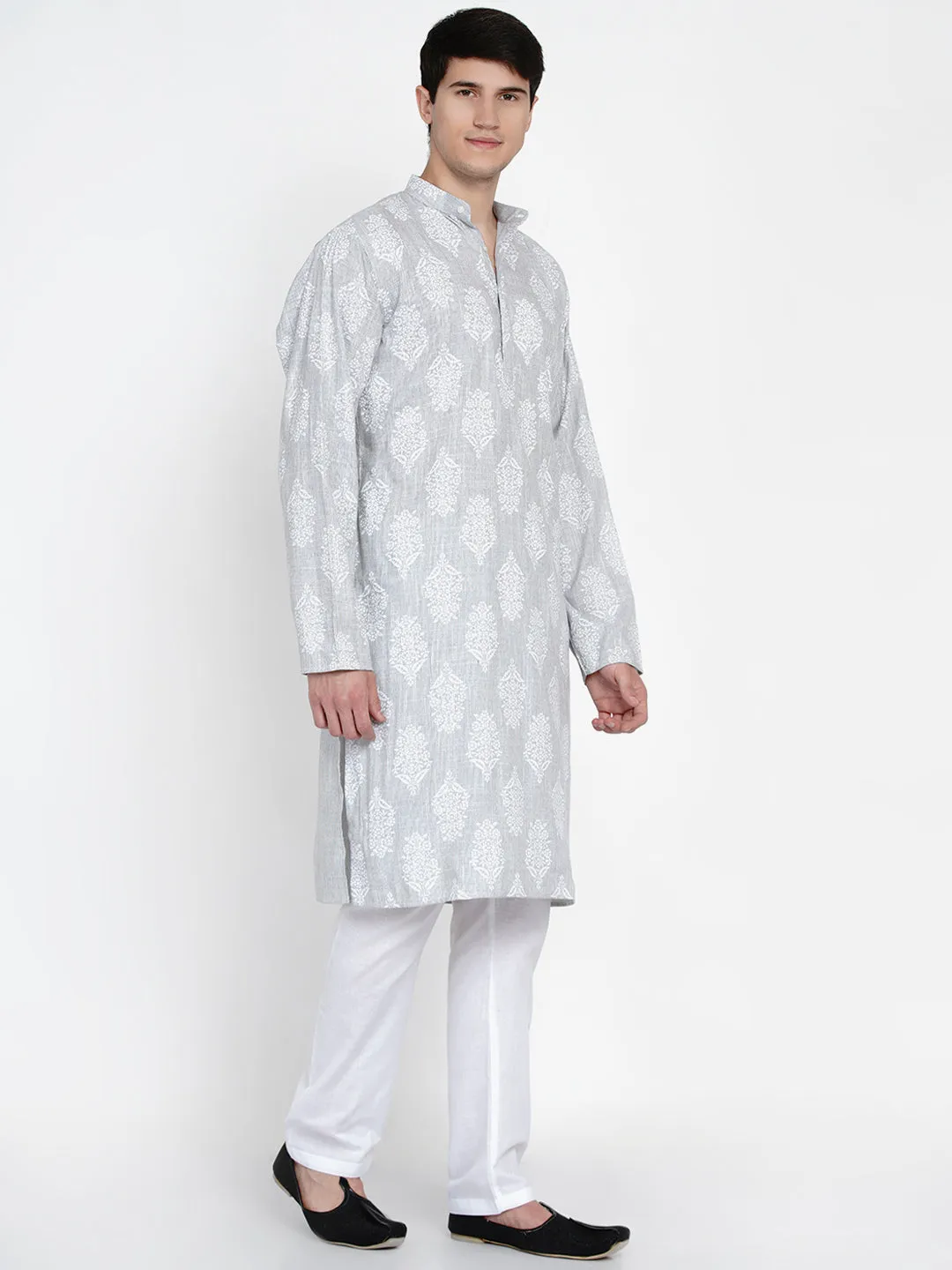 Men Grey Ethnic Motifs Printed Pure Cotton Kurta with Pyjamas