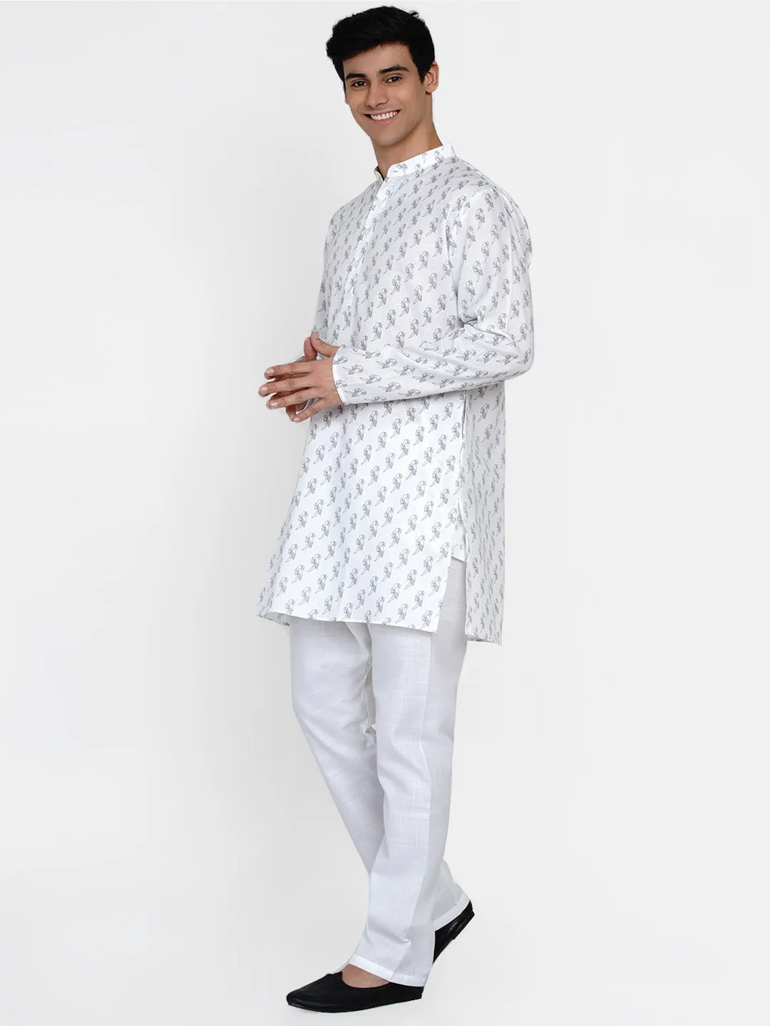 Men White Ethnic Motifs Printed Regular Kurta with Pyjamas