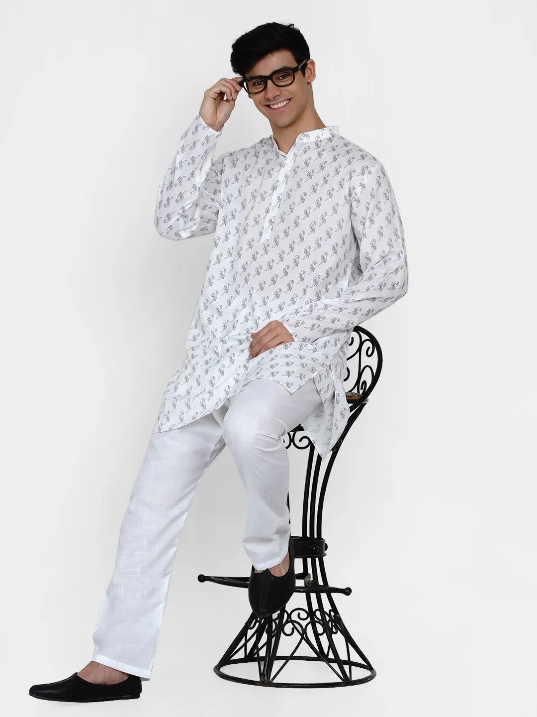 Men White Ethnic Motifs Printed Regular Kurta with Pyjamas