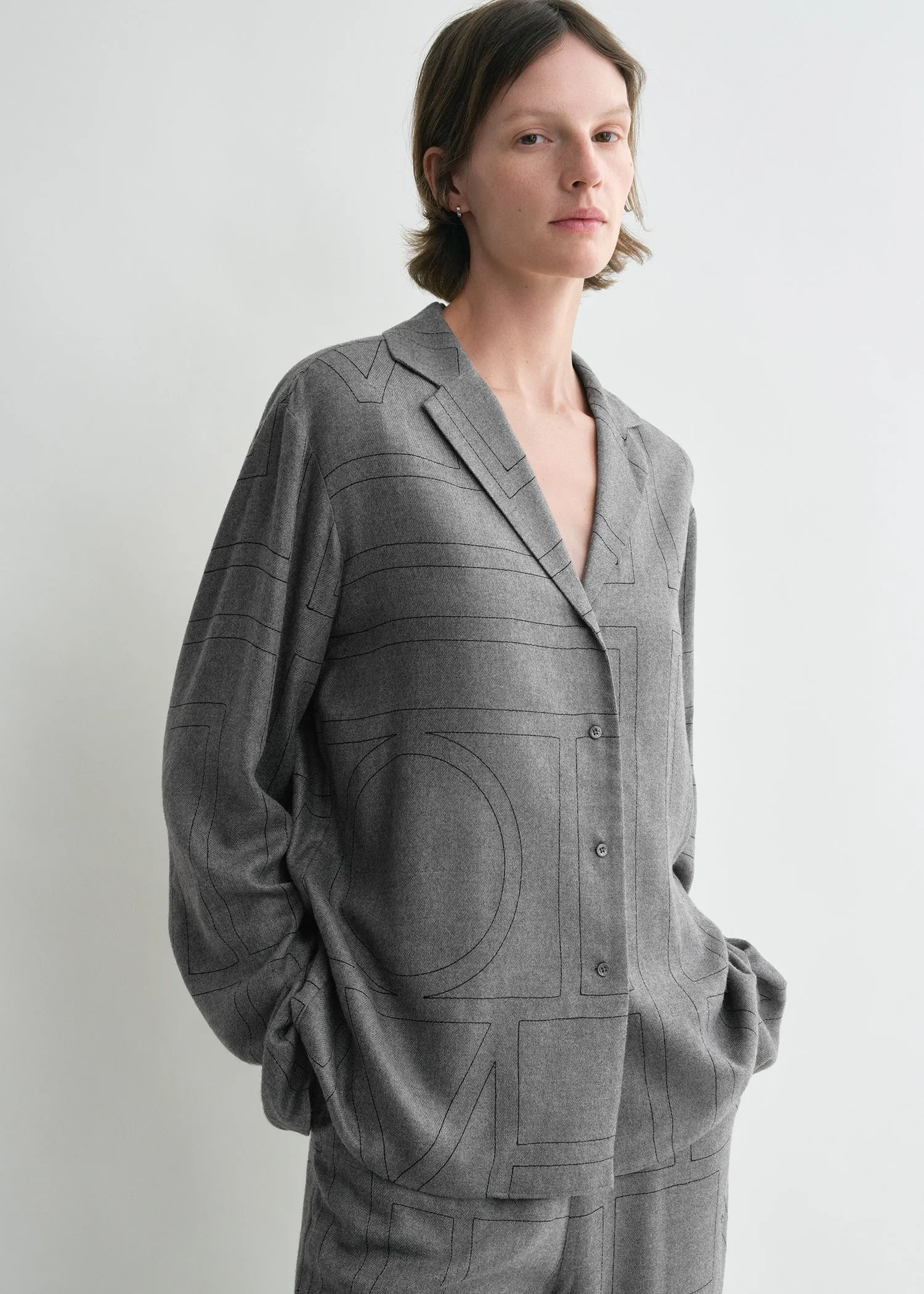 Monogram flannel pj top smoke melange