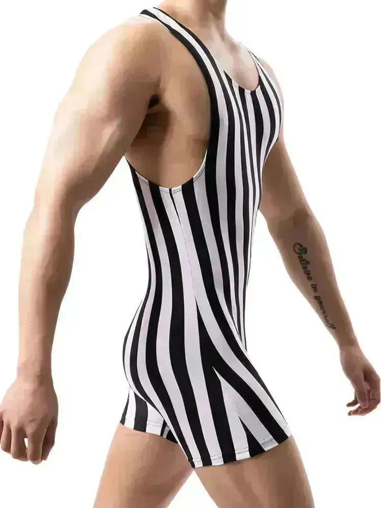 New Vertical Striped Pajamas Sports Swimming Brief Bodysuit for men