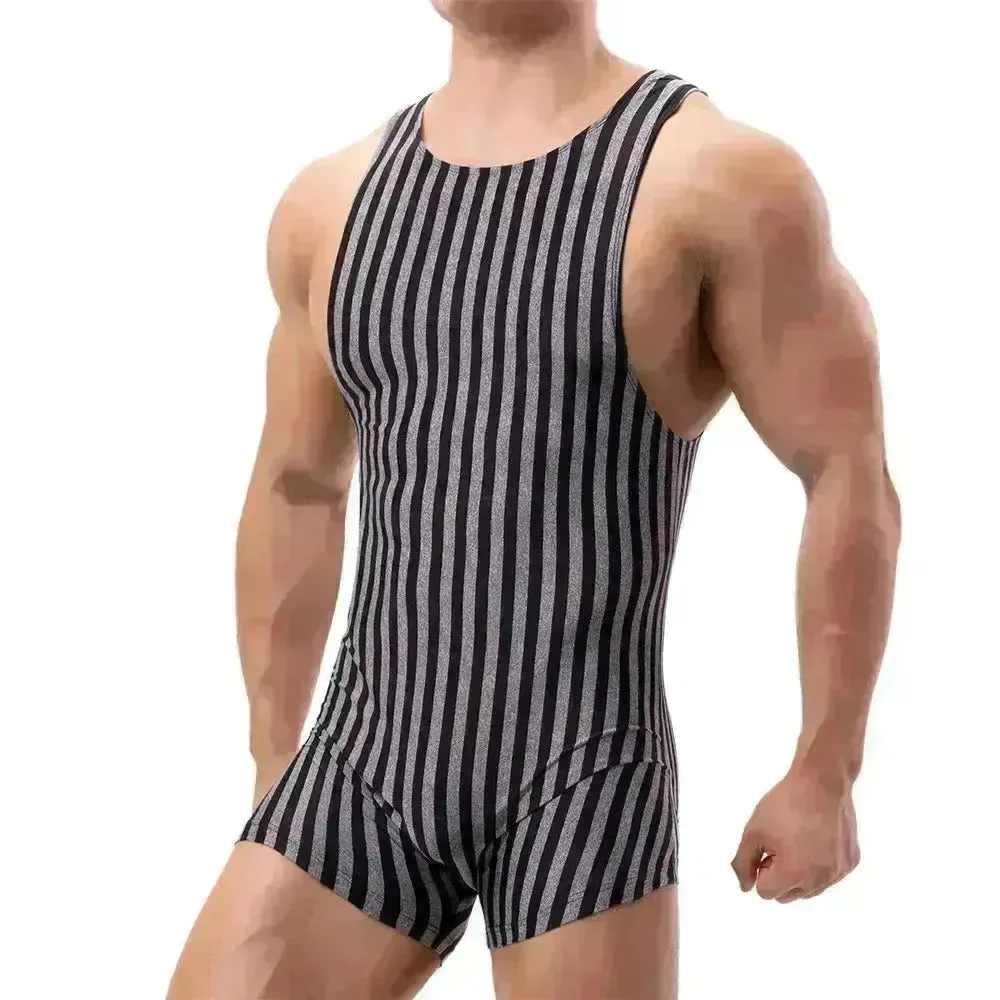 New Vertical Striped Pajamas Sports Swimming Brief Bodysuit for men