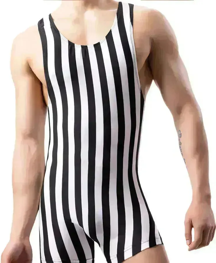 New Vertical Striped Pajamas Sports Swimming Brief Bodysuit for men